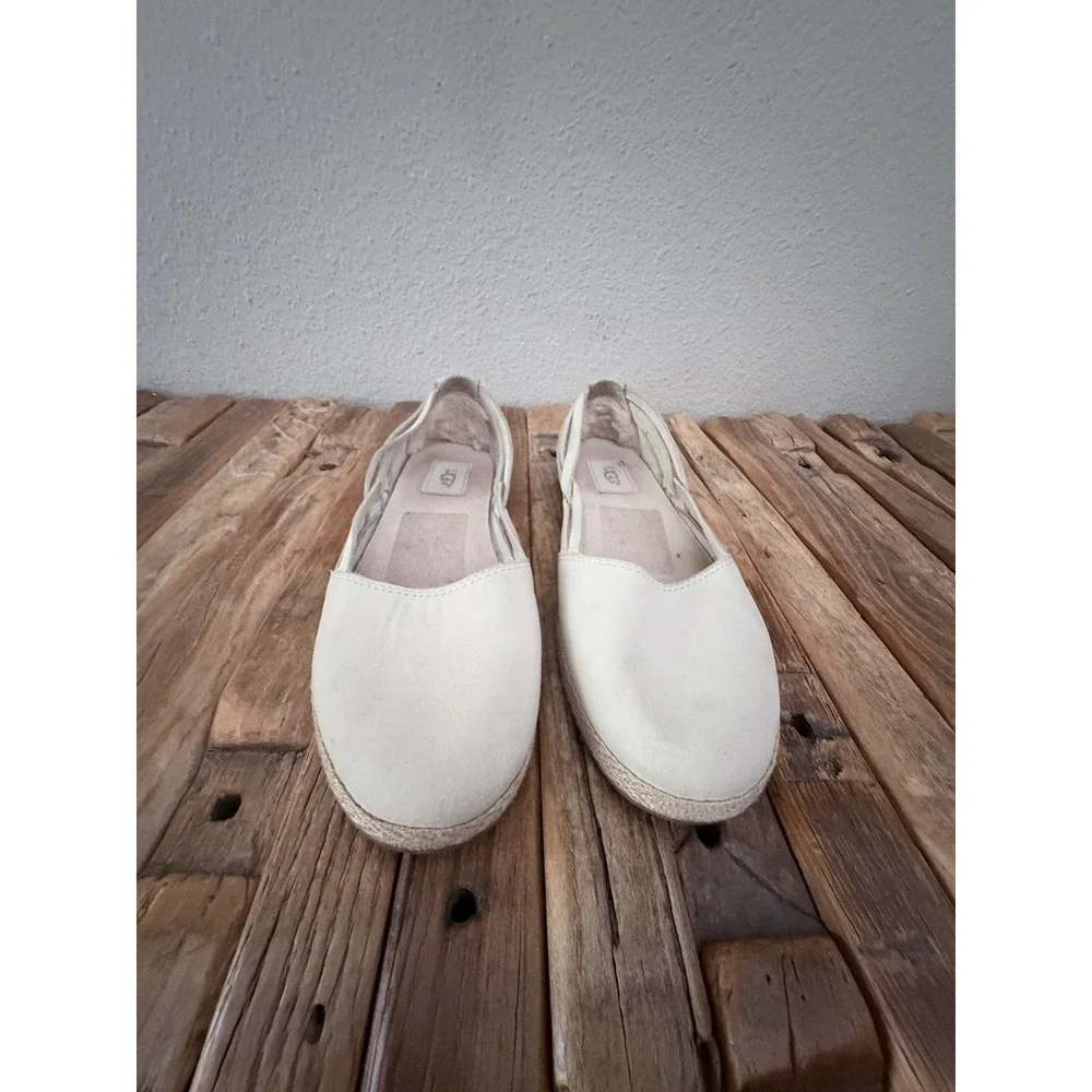 UGG Jass Espadrille Flat 9 White Leather Slip On Strappy Heel 1011187
